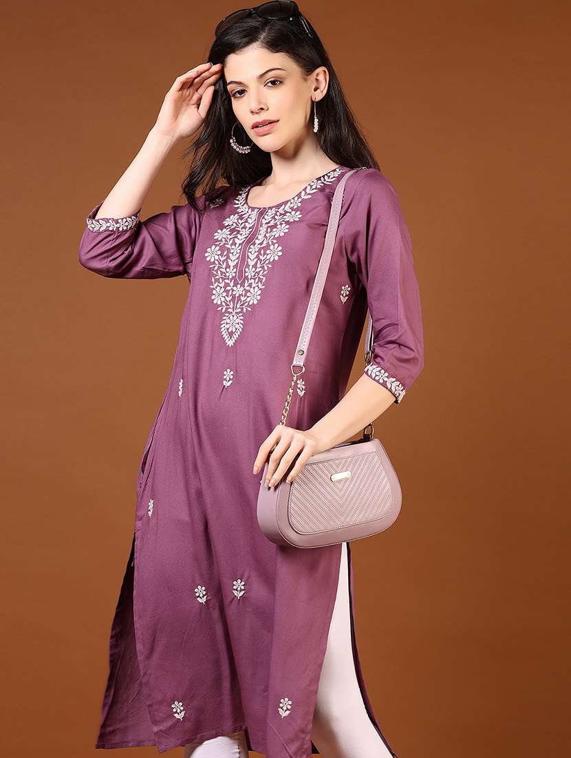 women solid with work three quarter sleeve straight kurta