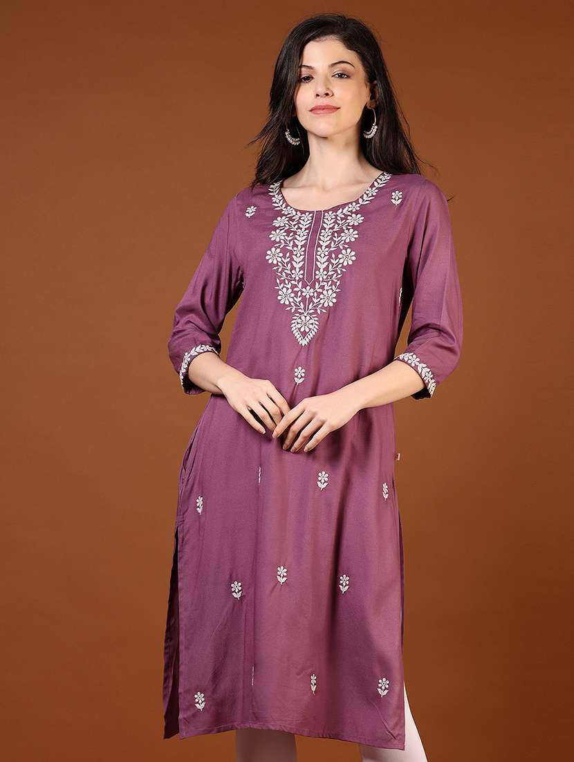 women solid with work three quarter sleeve straight kurta - 22169154 -  Standard Image - 1