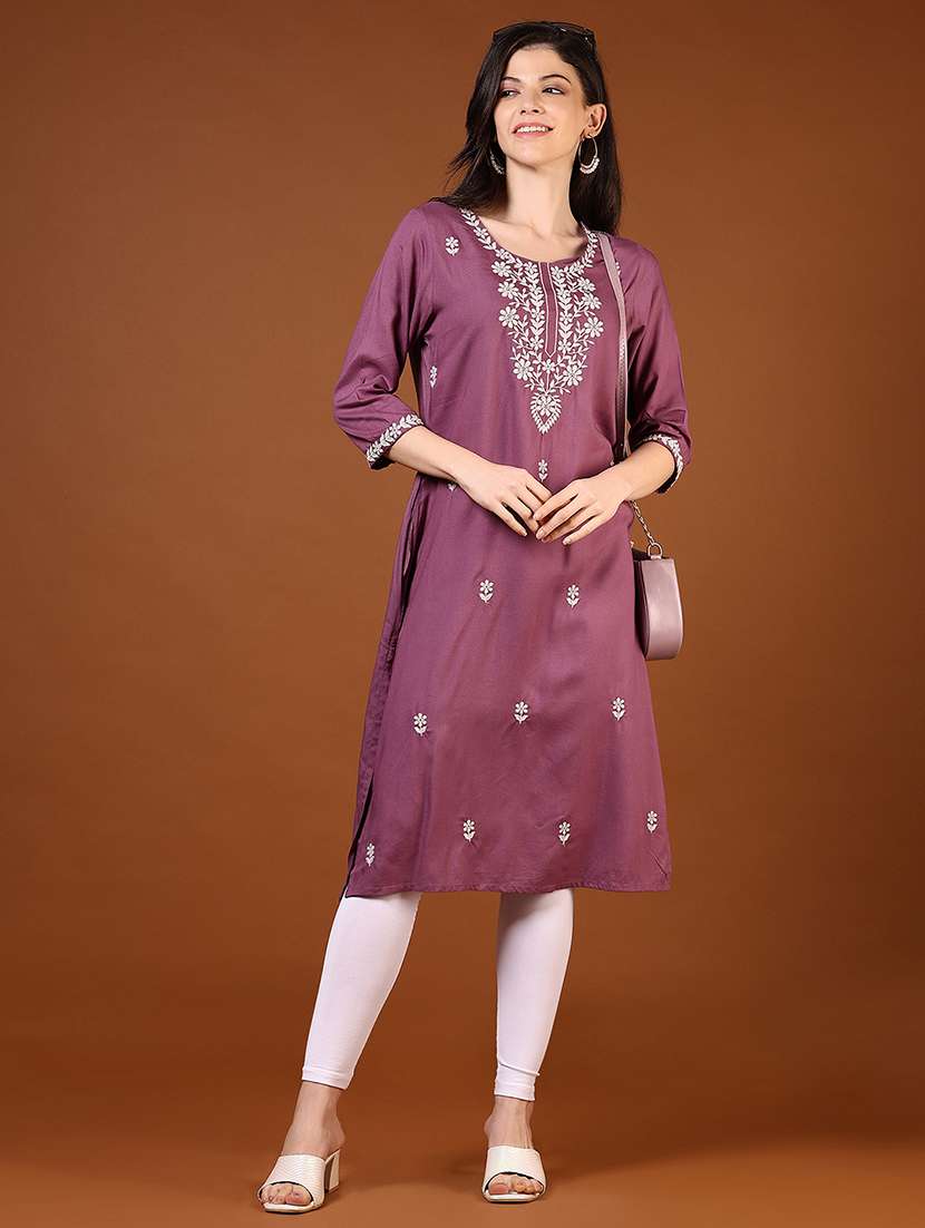 women solid with work three quarter sleeve straight kurta - 22169154 -  Standard Image - 4