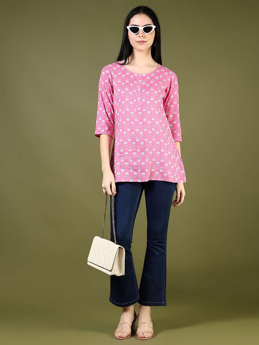 women floral printed three quarter sleeve straight kurti - 22169178 -  Standard Image - 4