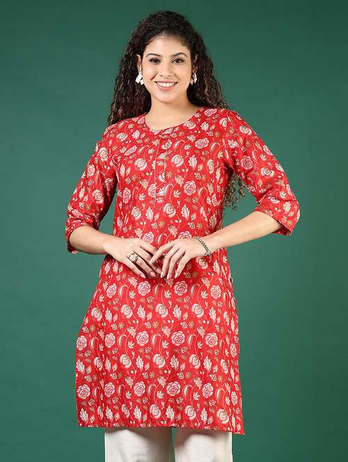 women floral printed three quarter sleeve straight kurta - 22169313 -  Standard Image - 0