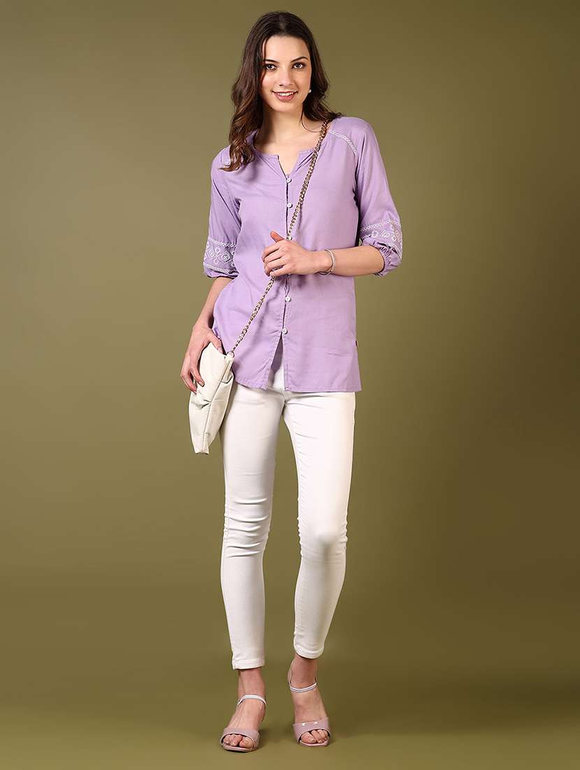 women solid with work three quarter sleeve a-line kurti - 22169617 -  Standard Image - 4