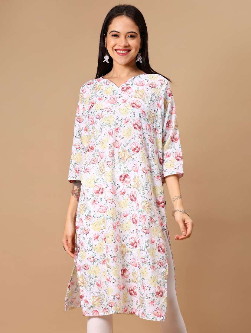women floral printed three quarter sleeve straight kurta