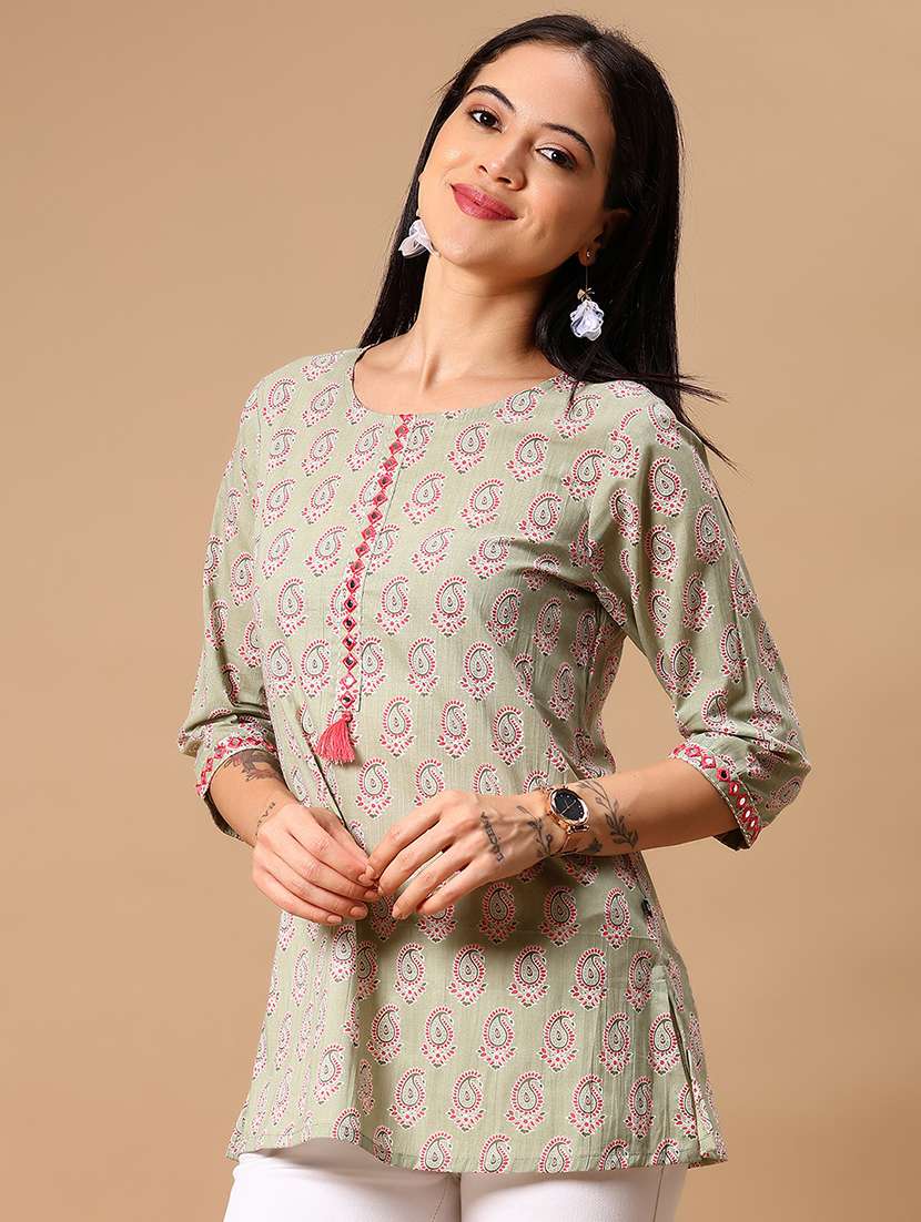 women paisley printed three quarter sleeve straight kurti - 22169845 -  Standard Image - 1