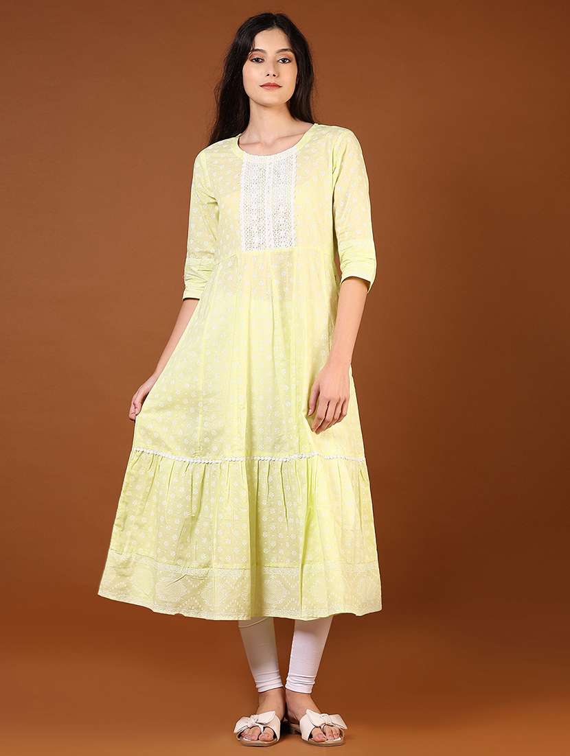 women printed three quarter sleeve tiered kurta - 22169954 -  Standard Image - 1