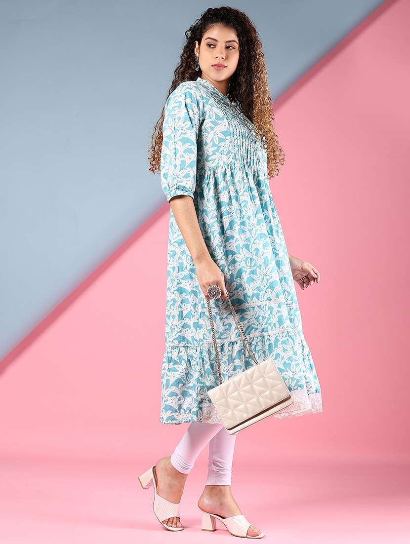 women floral printed three quarter sleeve tiered kurta - 22170052 -  Standard Image - 1