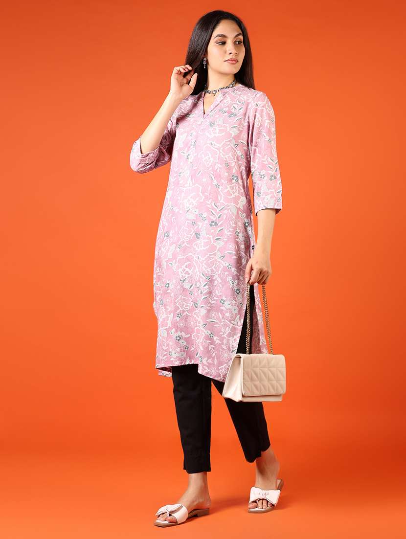 women floral printed three quarter sleeve straight kurta - 22170107 -  Standard Image - 4