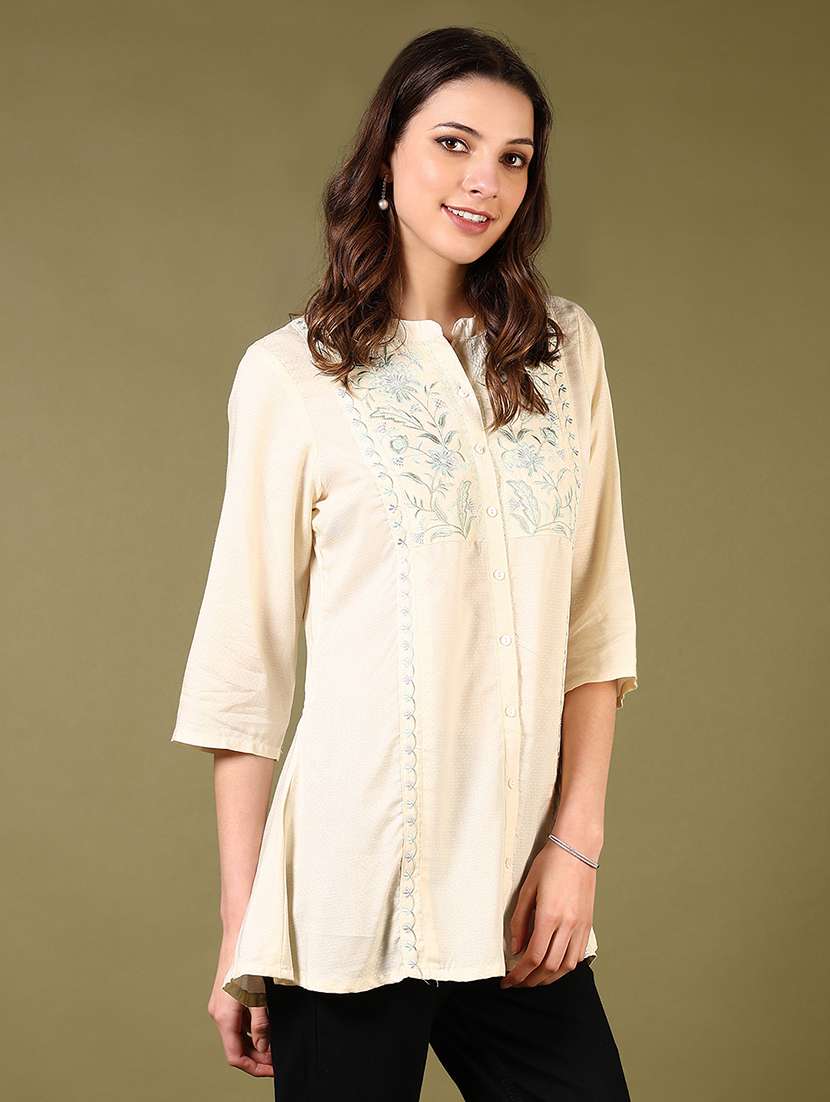 women solid with work three quarter sleeve a-line kurti - 22170255 -  Standard Image - 1