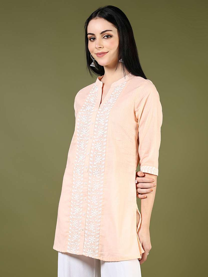 women solid with work three quarter sleeve straight kurti - 22170274 -  Standard Image - 1