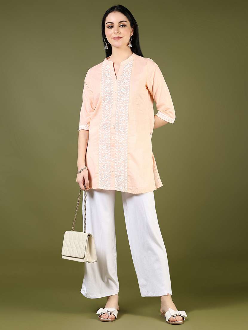 women solid with work three quarter sleeve straight kurti - 22170274 -  Standard Image - 4