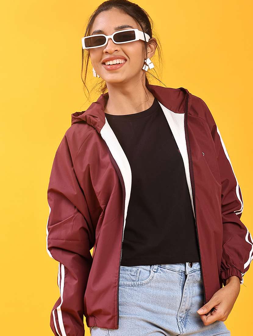 women solid long sleeve hooded windcheater jacket