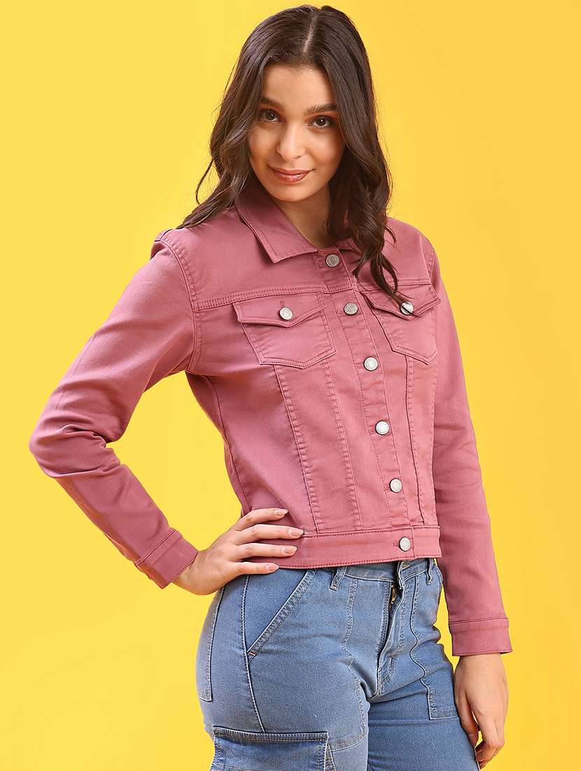 women solid collared long sleeve denim jacket - 22170981 -  Standard Image - 1