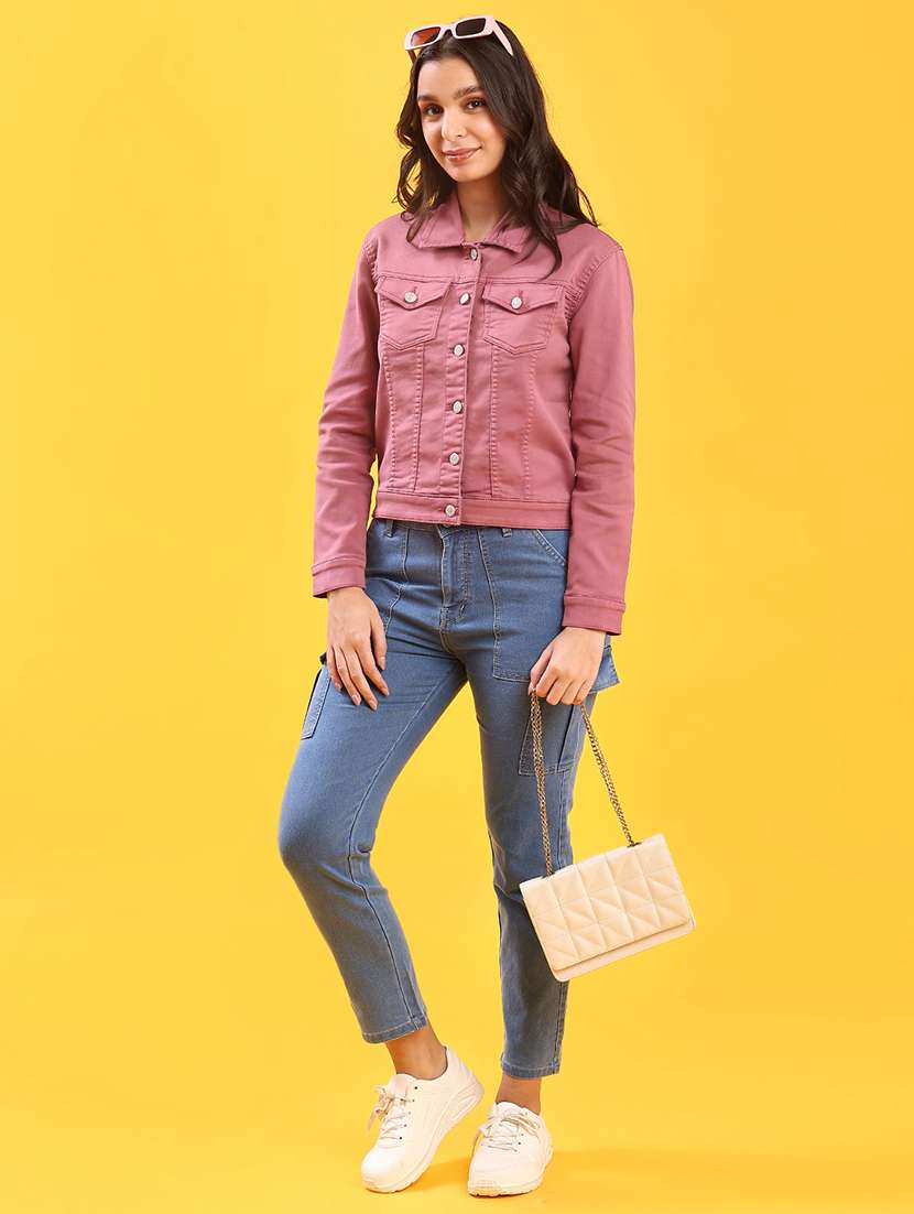 women solid collared long sleeve denim jacket - 22170981 -  Standard Image - 4