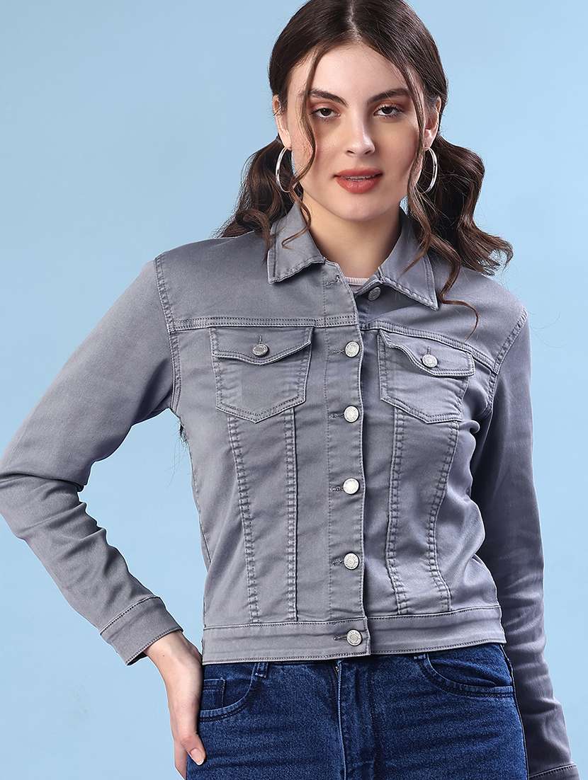 women solid long sleeve denim jacket