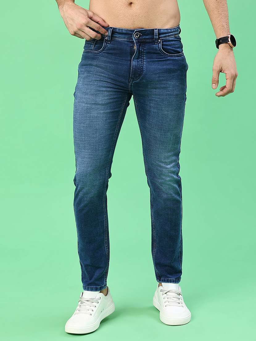 men washed mid rise full length jeans