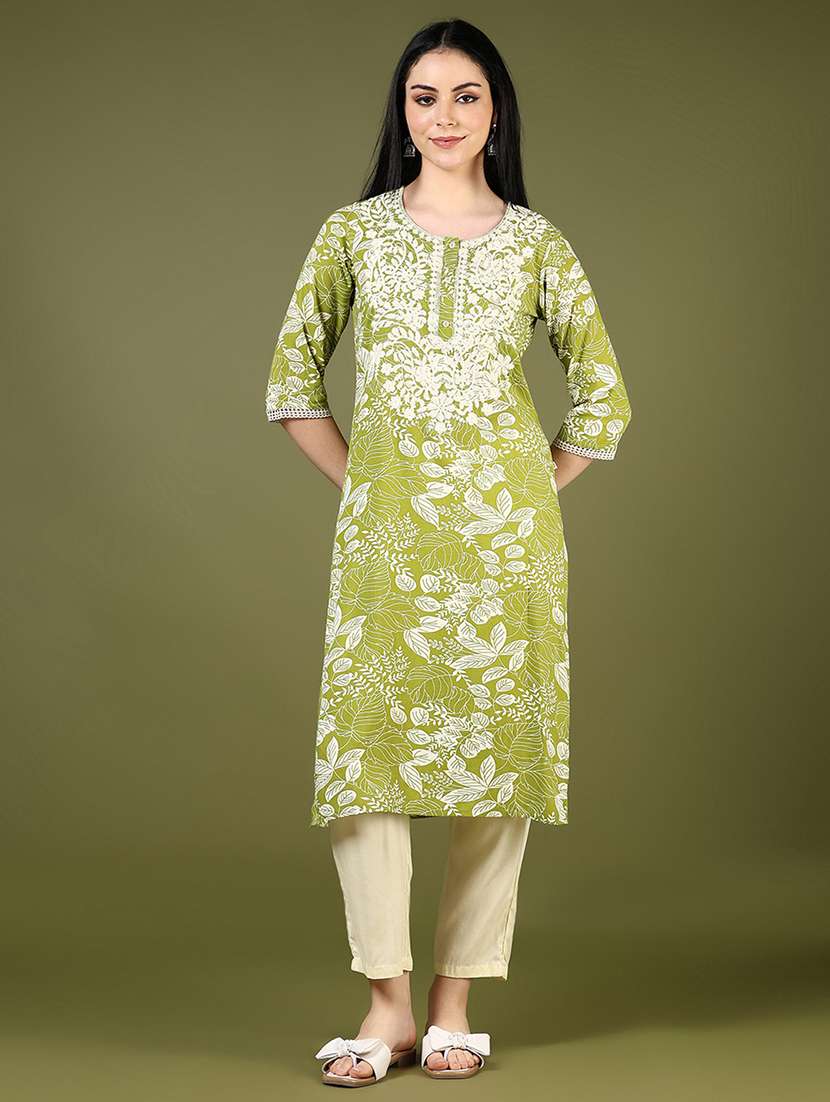 women floral three quarter sleeve kurta pant set - 22171396 -  Standard Image - 1