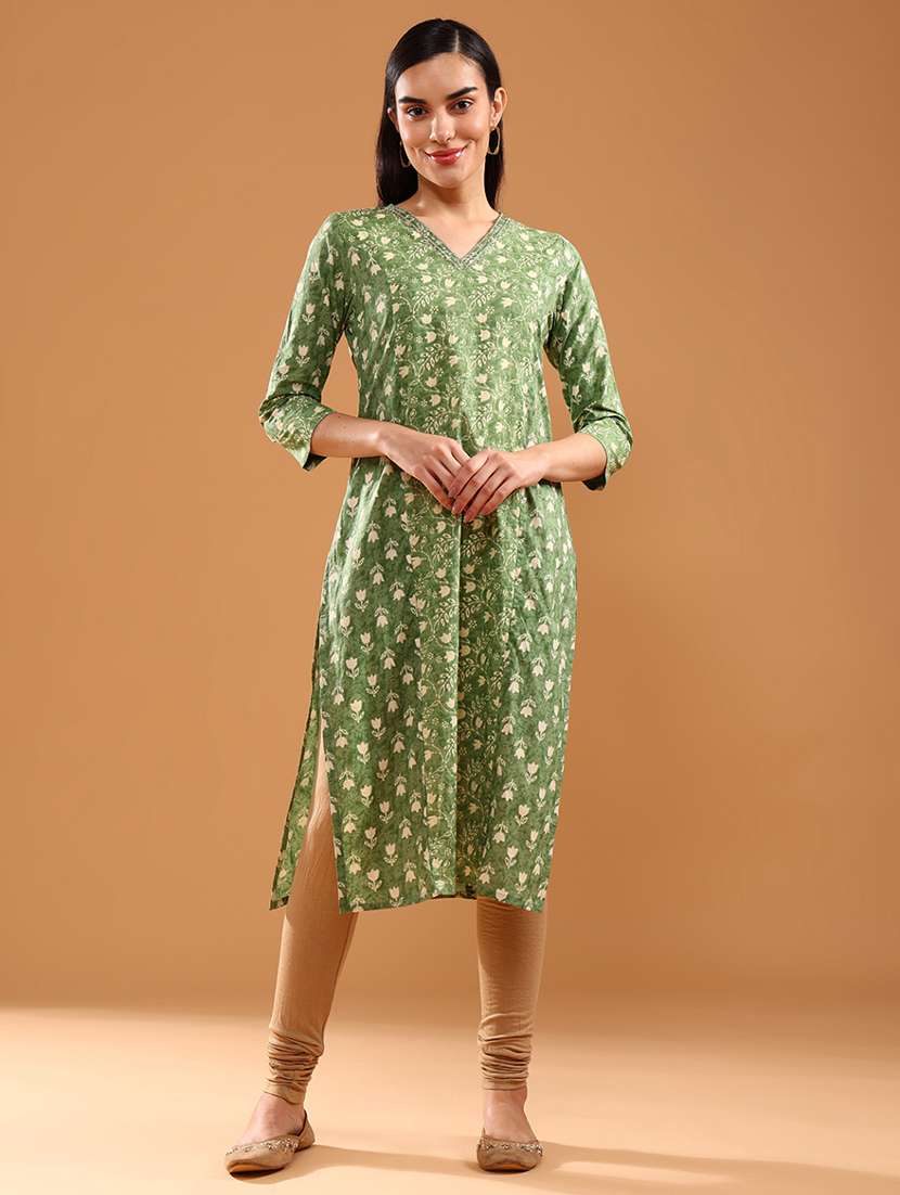 green cotton straight kurta