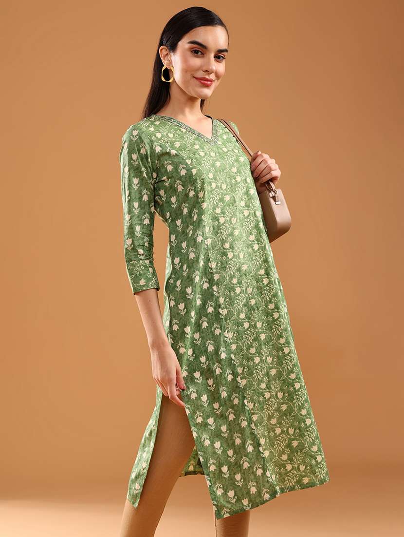green cotton straight kurta - 22171794 -  Standard Image - 4