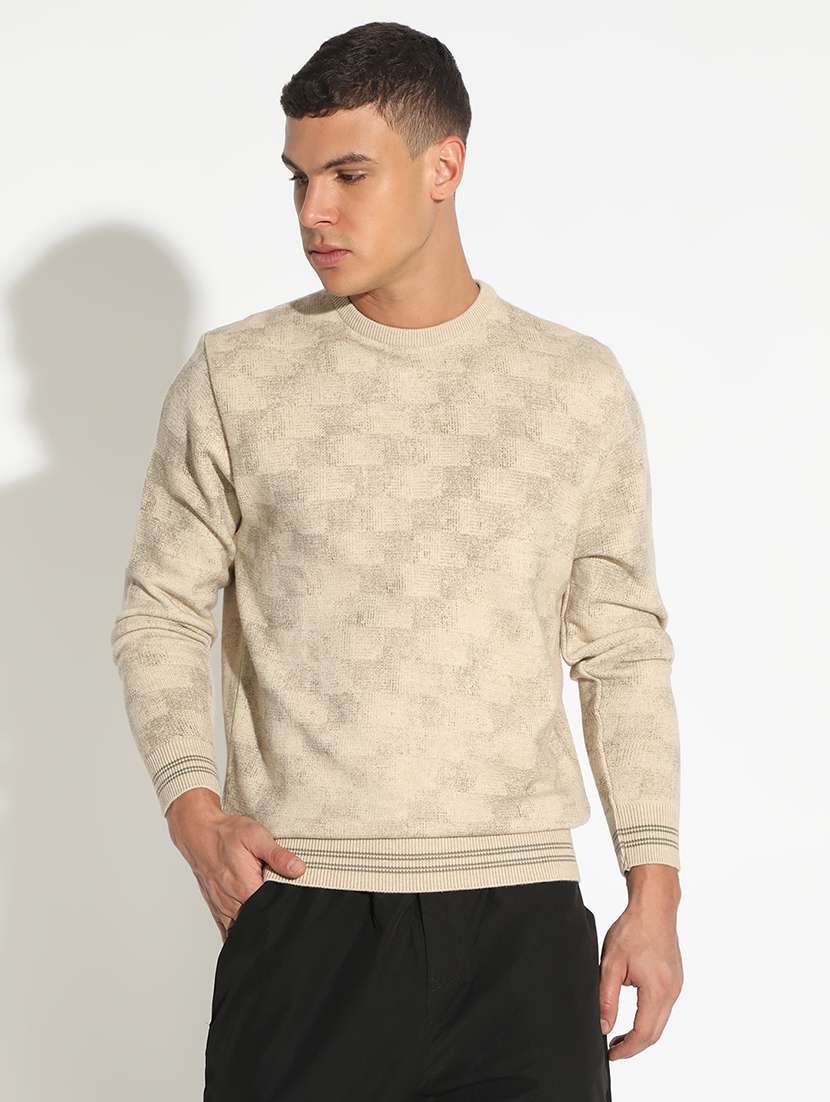 men beige self designed long sleeve pullover - 22173622 -  Standard Image - 1