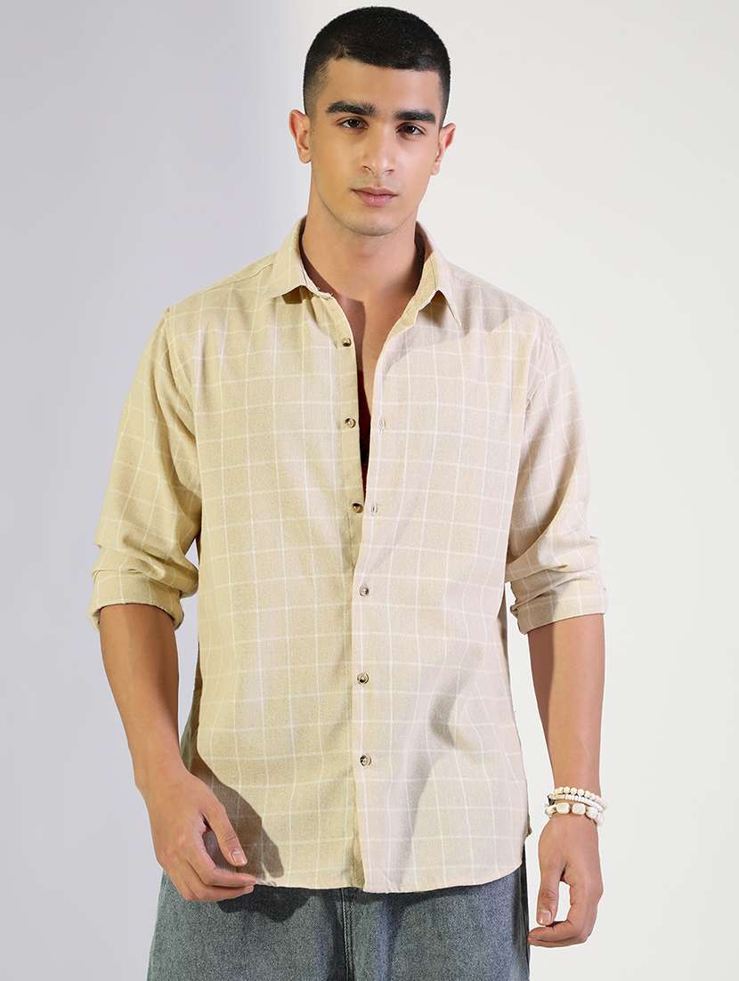 beige cotton windowpane check regular fit shirt - 22173679 -  Standard Image - 1