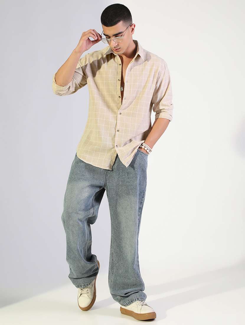 beige cotton windowpane check regular fit shirt - 22173679 -  Standard Image - 4