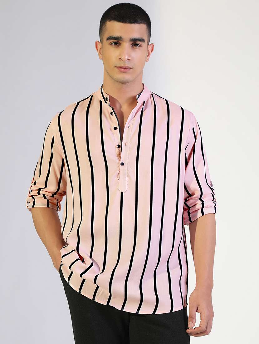 men striped mandarin collared long sleeve shirt - 22173681 -  Standard Image - 1