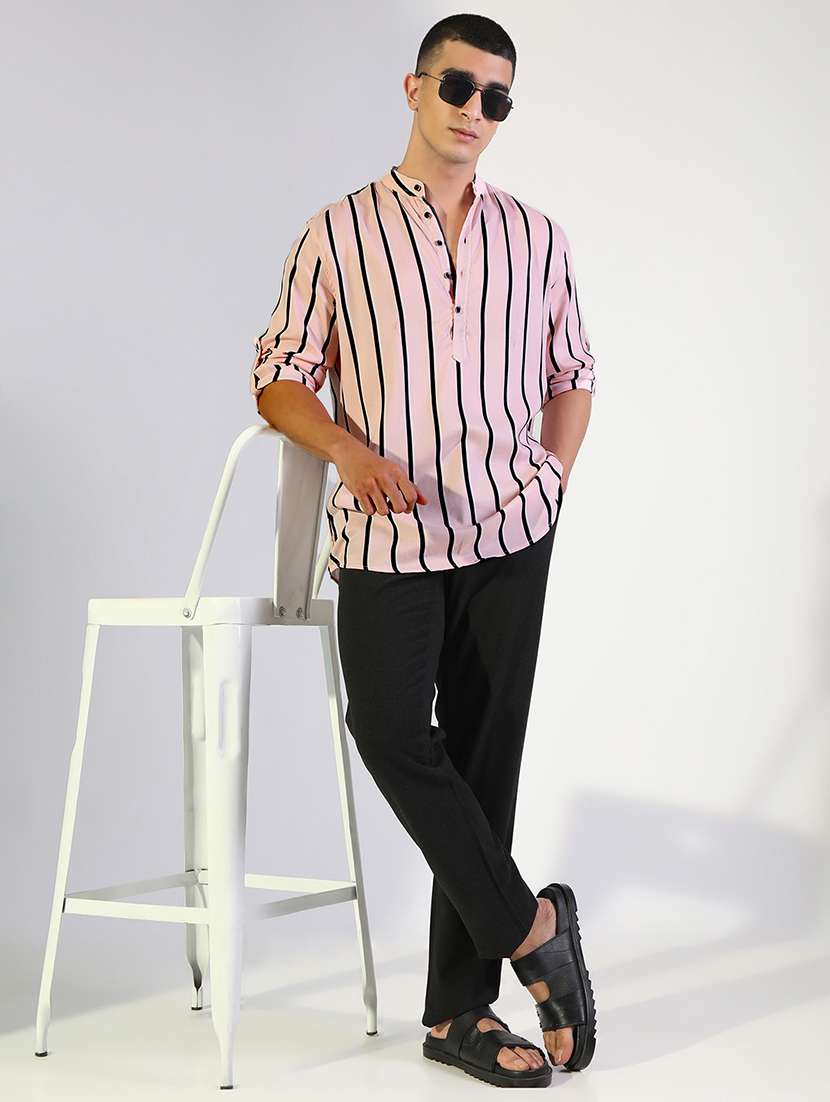 men striped mandarin collared long sleeve shirt - 22173681 -  Standard Image - 4