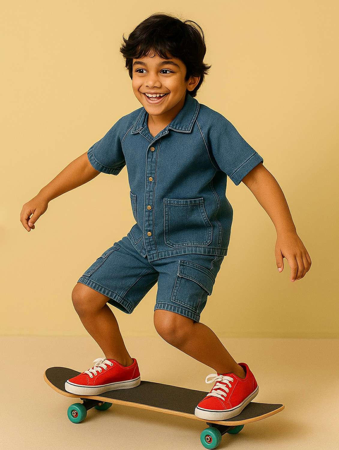 boys solid denim shirt and shorts co-ord set - 22173693 -  Standard Image - 1