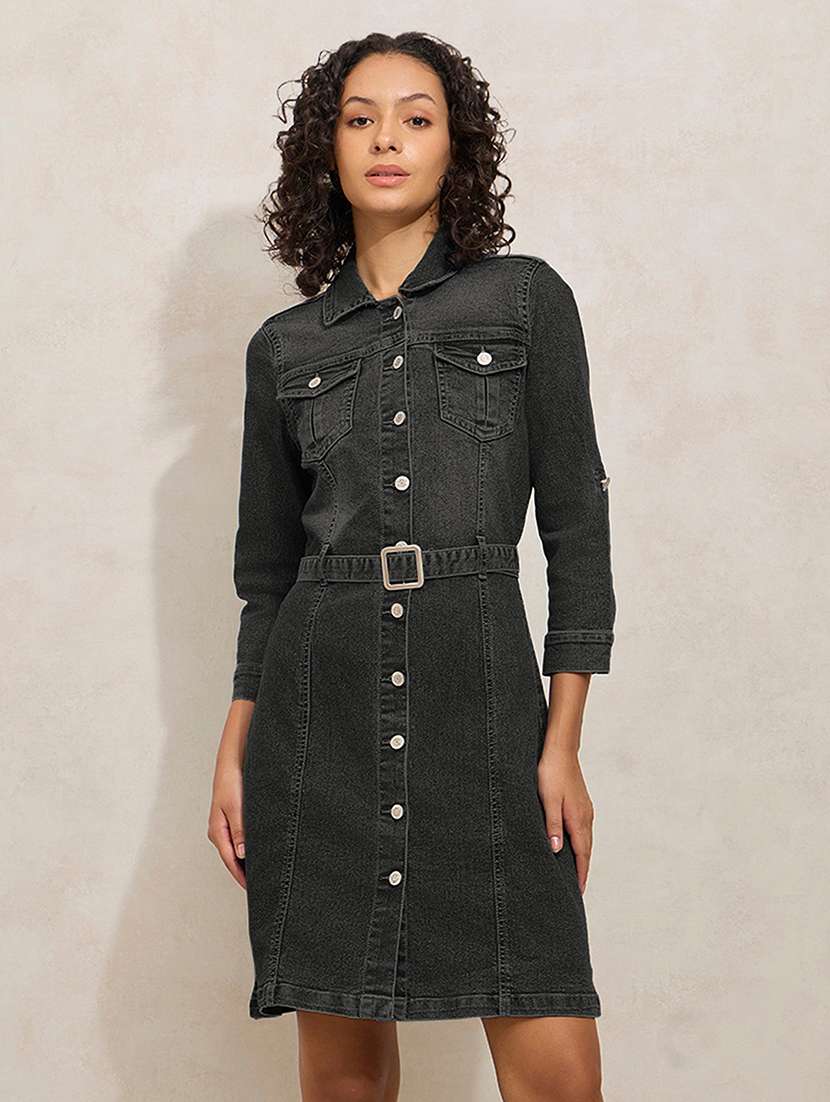 women solid three quarter sleeve denim shirt dress - 22173701 -  Standard Image - 1
