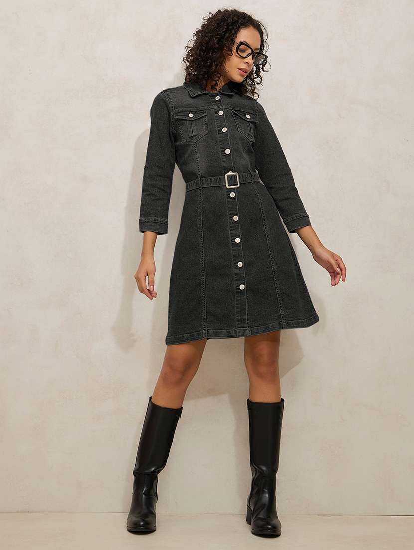 women solid three quarter sleeve denim shirt dress - 22173701 -  Standard Image - 4