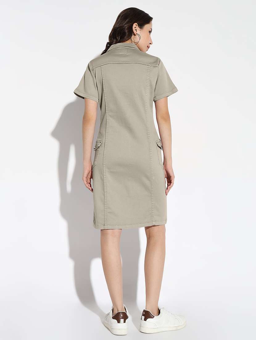 women solid collared denim straight dress - 22173703 -  Standard Image - 4