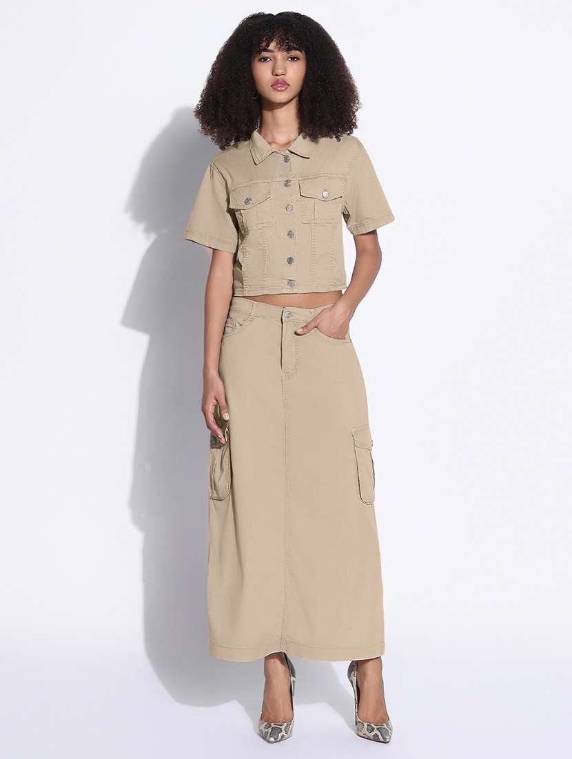 women solid denim top and skirt co-ord set - 22173708 -  Standard Image - 1