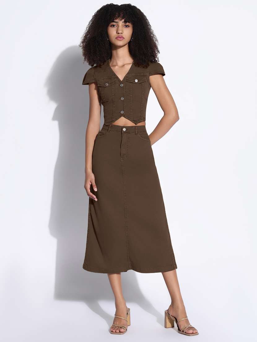 women solid denim top and skirt co-ord set - 22173709 -  Standard Image - 1