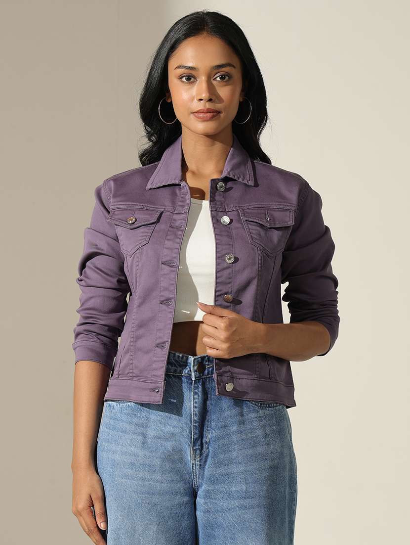 women solid collared long sleeve denim jacket - 22173712 -  Standard Image - 1