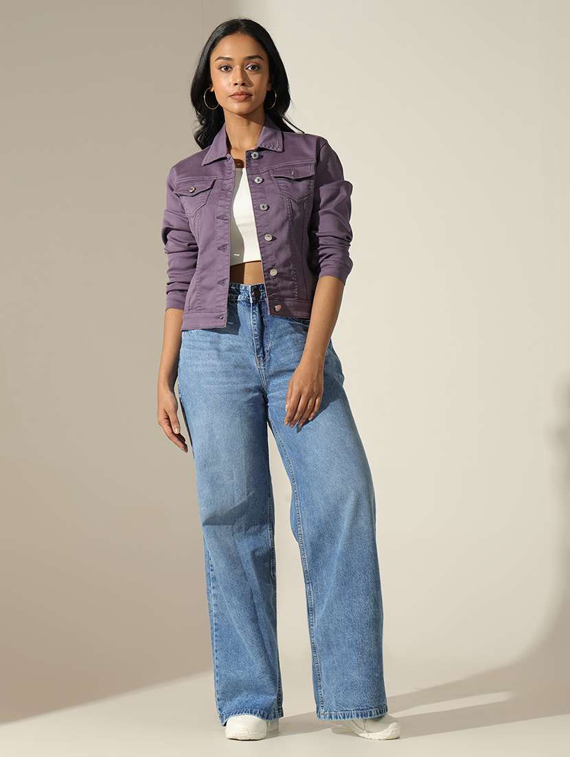 women solid collared long sleeve denim jacket - 22173712 -  Standard Image - 6