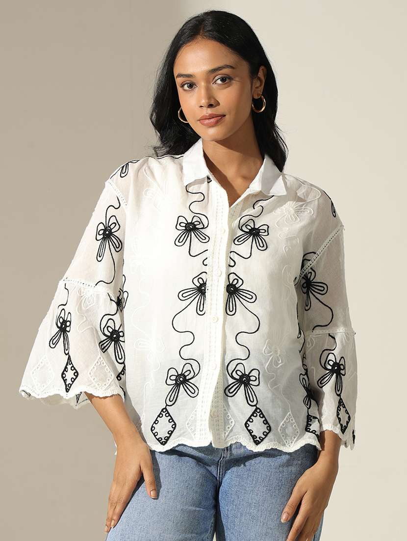 women embroidered collared bell sleeve shirt