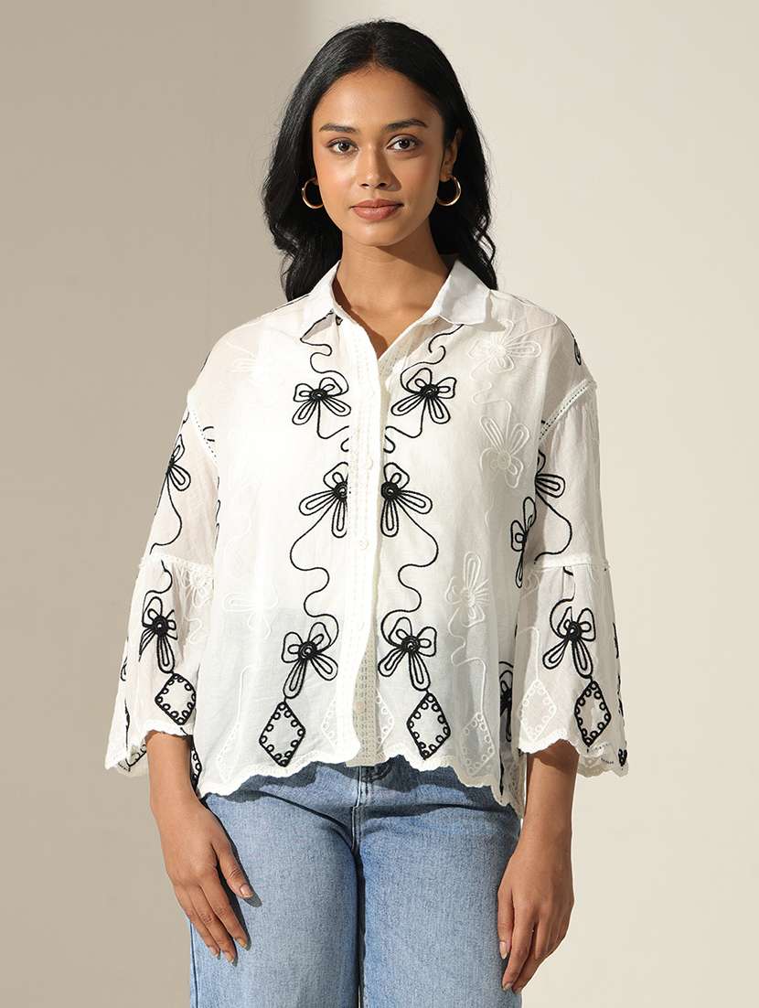 women embroidered collared bell sleeve shirt - 22173717 -  Standard Image - 1