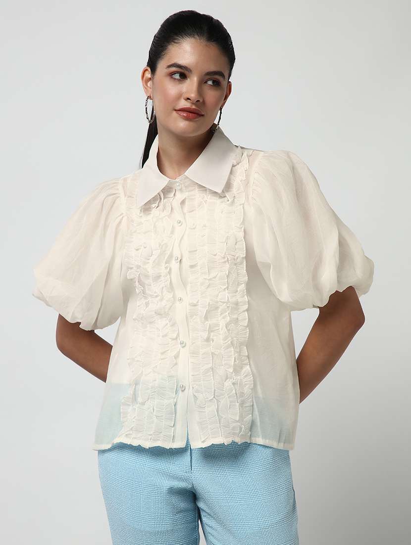 women solid collaerd puff sleeve shirt with slip - 22173718 -  Standard Image - 1