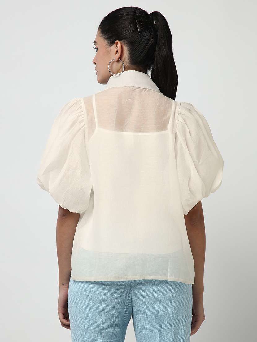 women solid collaerd puff sleeve shirt with slip - 22173718 -  Standard Image - 4