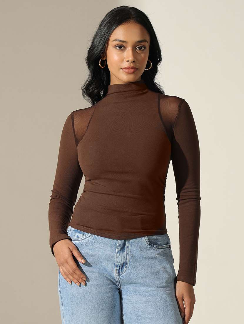 women solid high neck long sleeve top - 22173722 -  Standard Image - 1