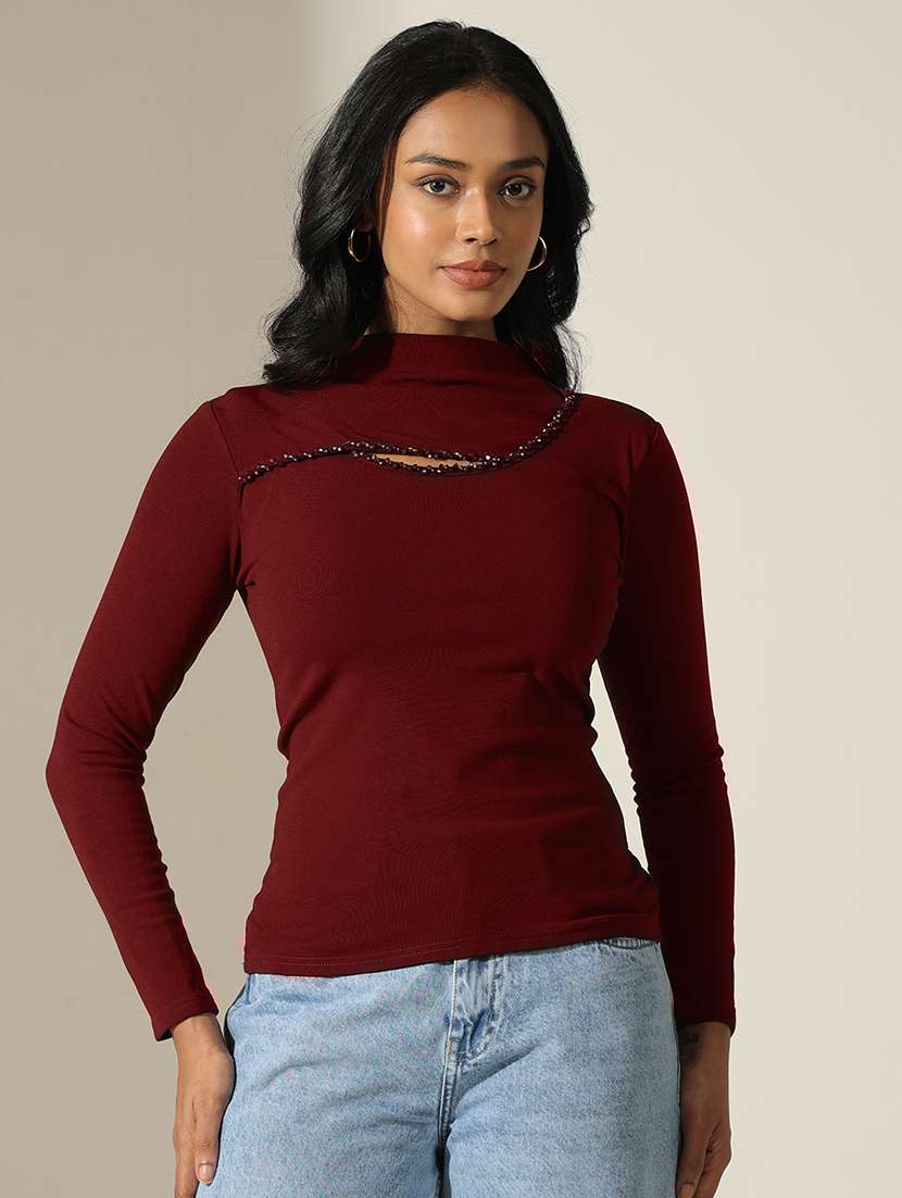women solid high neck long sleeve top - 22173723 -  Standard Image - 1
