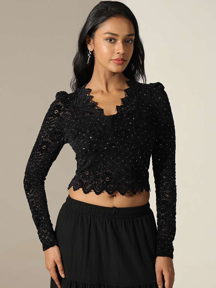 women self designed puff sleeve lace crop top - 22173726 -  Standard Image - 1