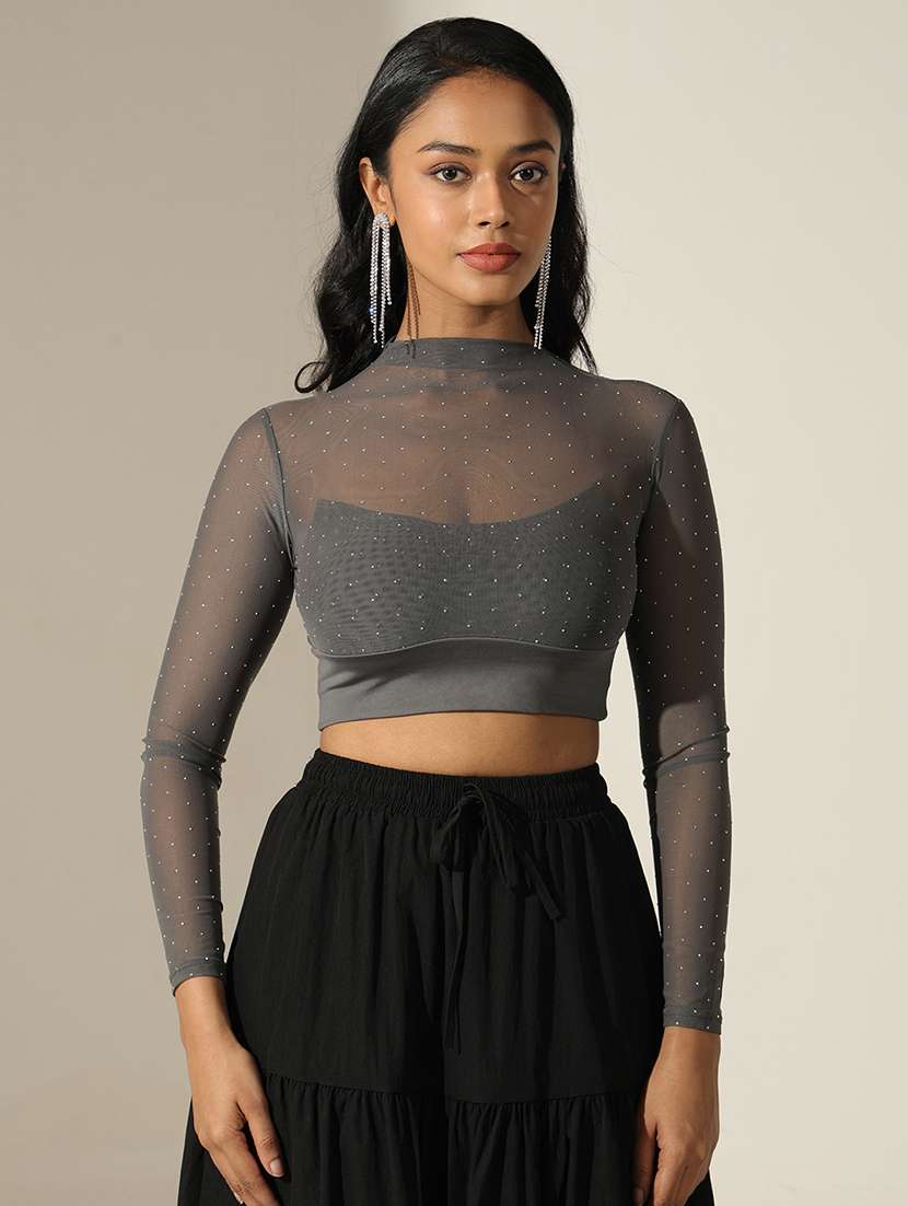 women self designed mock neck long sleeve crop top - 22173729 -  Standard Image - 1