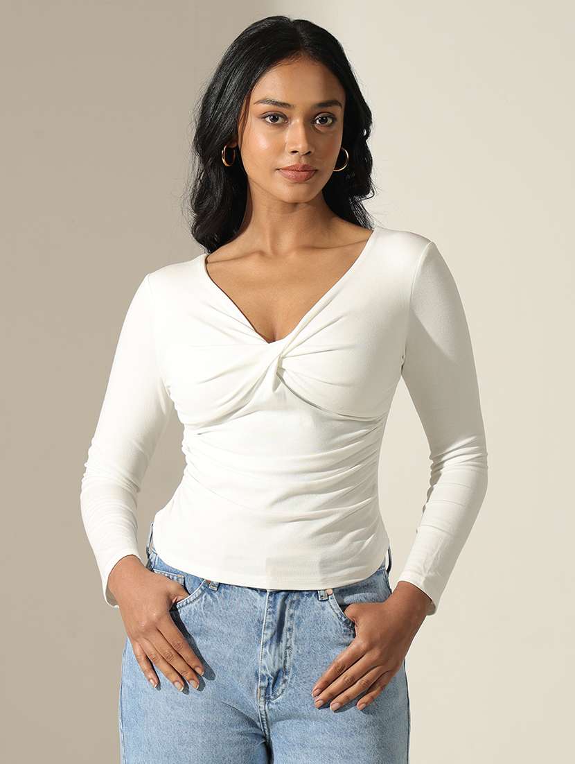 women solid  v-neck long sleeve top - 22173731 -  Standard Image - 1