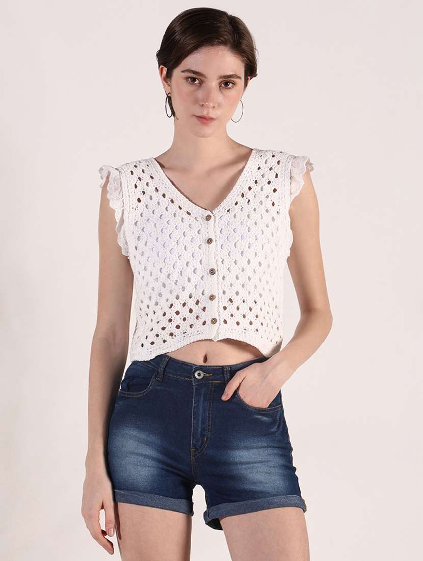 women self designed sleeveless crochet crop top - 22173736 -  Standard Image - 1