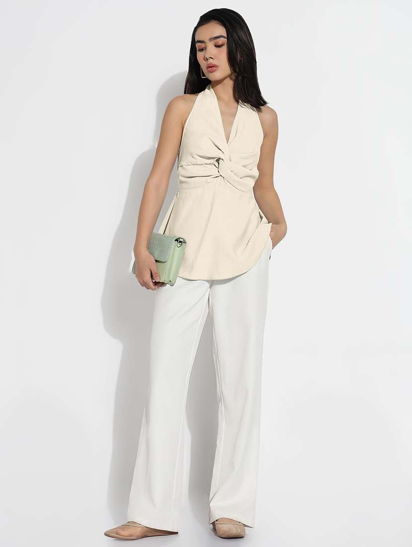 women cream solid halter neck peplum top - 22173738 -  Standard Image - 4