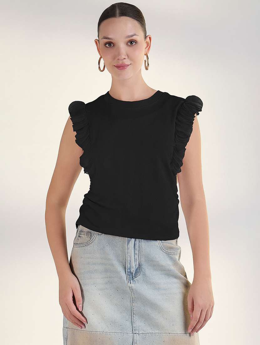 women black solid sleeveless crop top - 22173741 -  Standard Image - 1