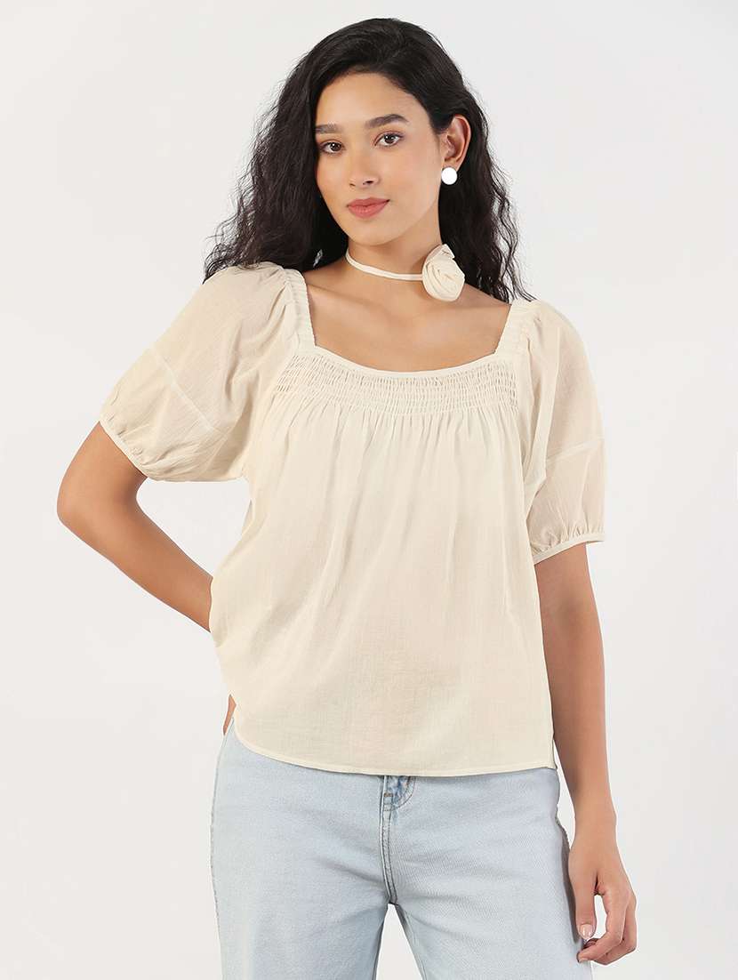 womne solid puff sleeve regulr top - 22173742 -  Standard Image - 1