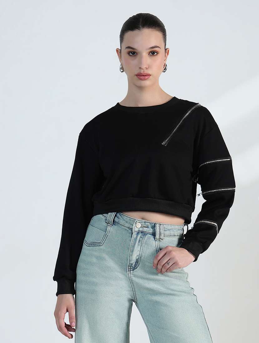 women black solid long sleeve cropped pullover - 22173744 -  Standard Image - 1