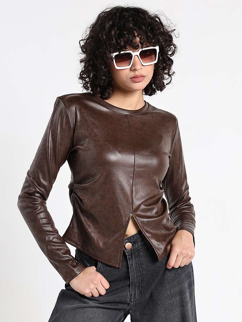 women brown long sleeve faux leather regular top